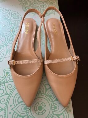 GUESS Tan Pointed Toe Slingback Flats with Patterned Strap